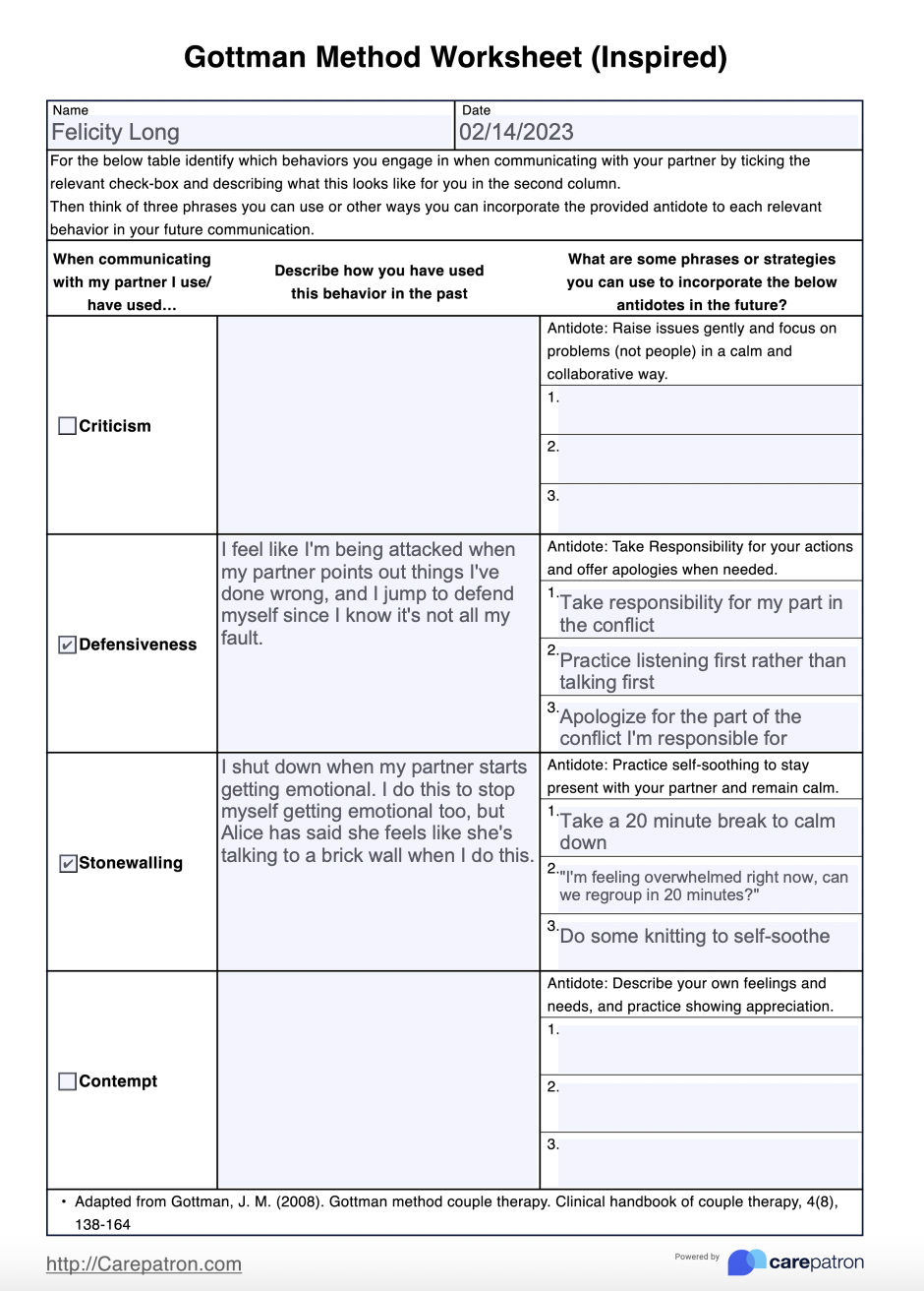 Gottman Method Worksheet Example Free PDF Download